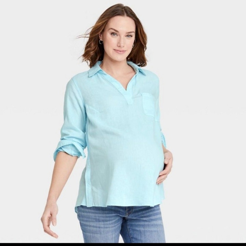 Long Sleeve Collared Side Woven Popover Maternity Shirt - Isabel Maternity, XS